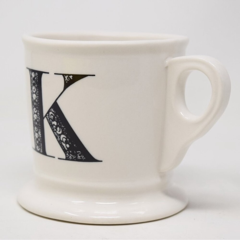 Anthropologie Mug K Initial Shaving Barber Cup Monogram White Black Boho 12 oz - Picture 2 of 7